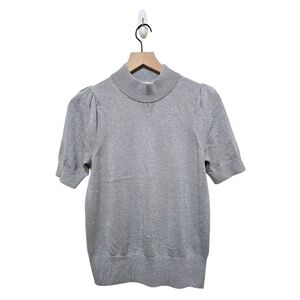 Michael Kors Silver Metallic High Neck Puffed Short Sleeve Sweater Blouse Sz S